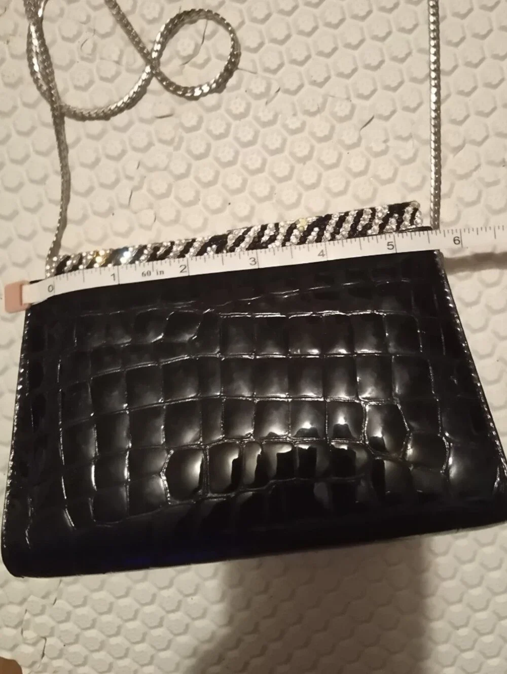 Isabella Adams New York Black Patent Croc-Embossed Evening Clutch